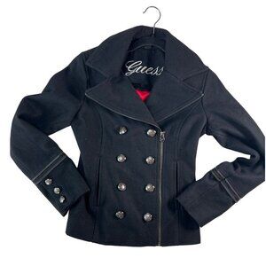 Guess Size XS Navy Wool Jacket DB Button Zip Cross between Moto Peacoat Military